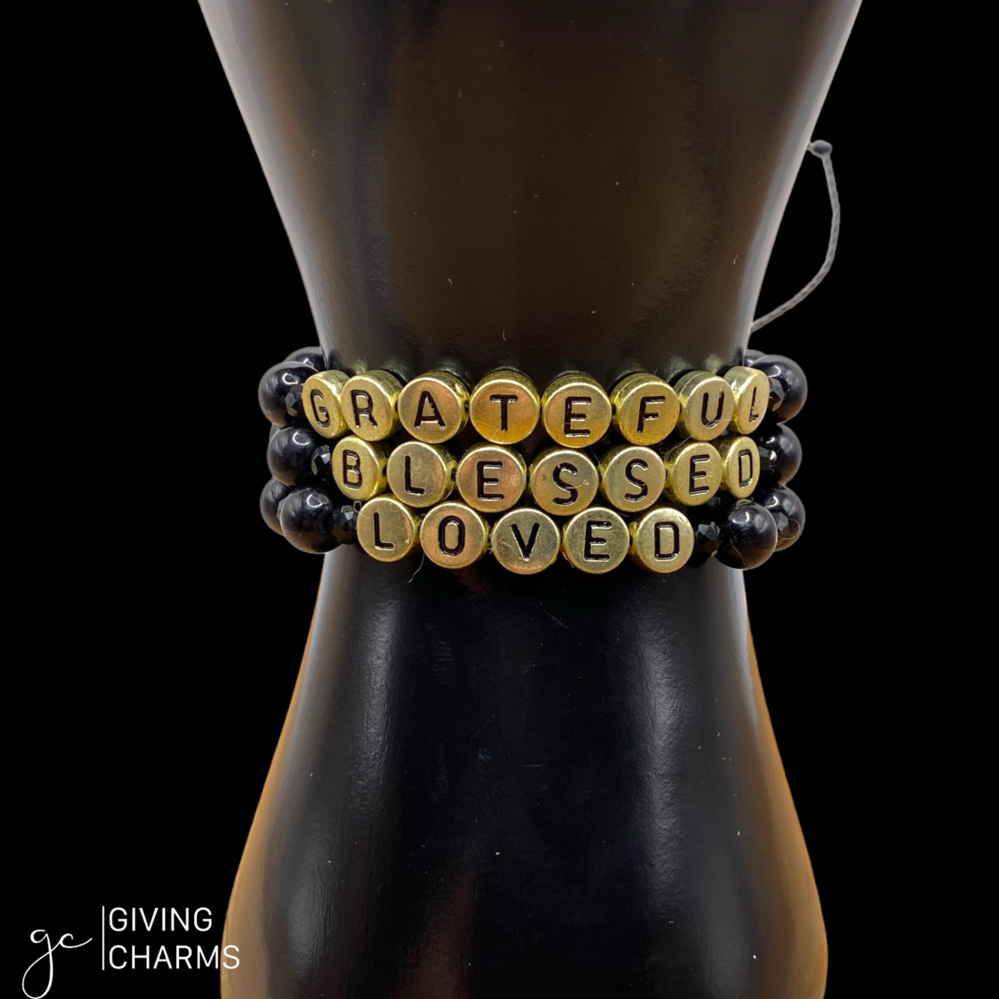 Gold & Black Letter Bead Bracelet